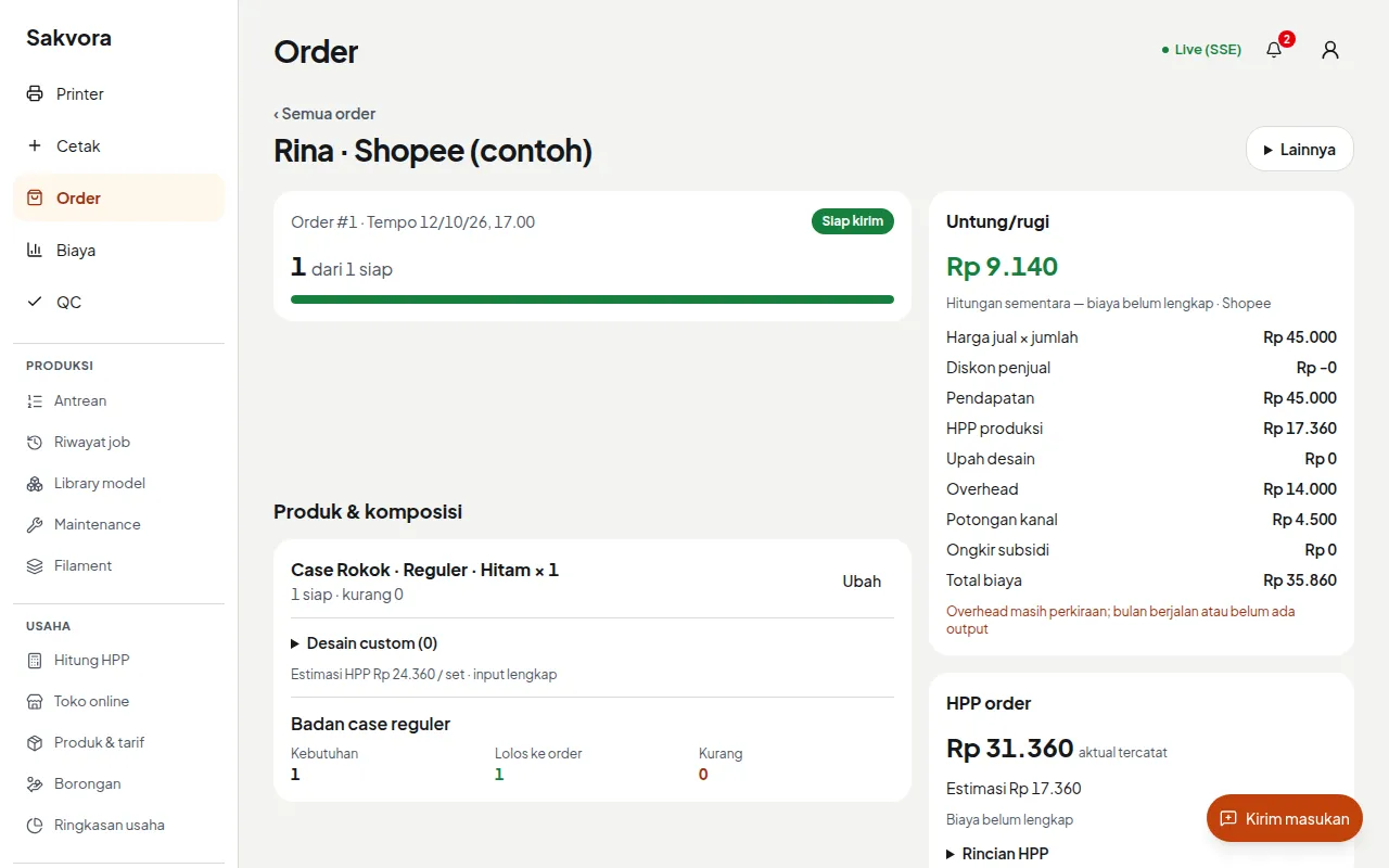 Shopee order: Rp9,140 profit with a breakdown of selling price, production cost, overhead, and channel fee