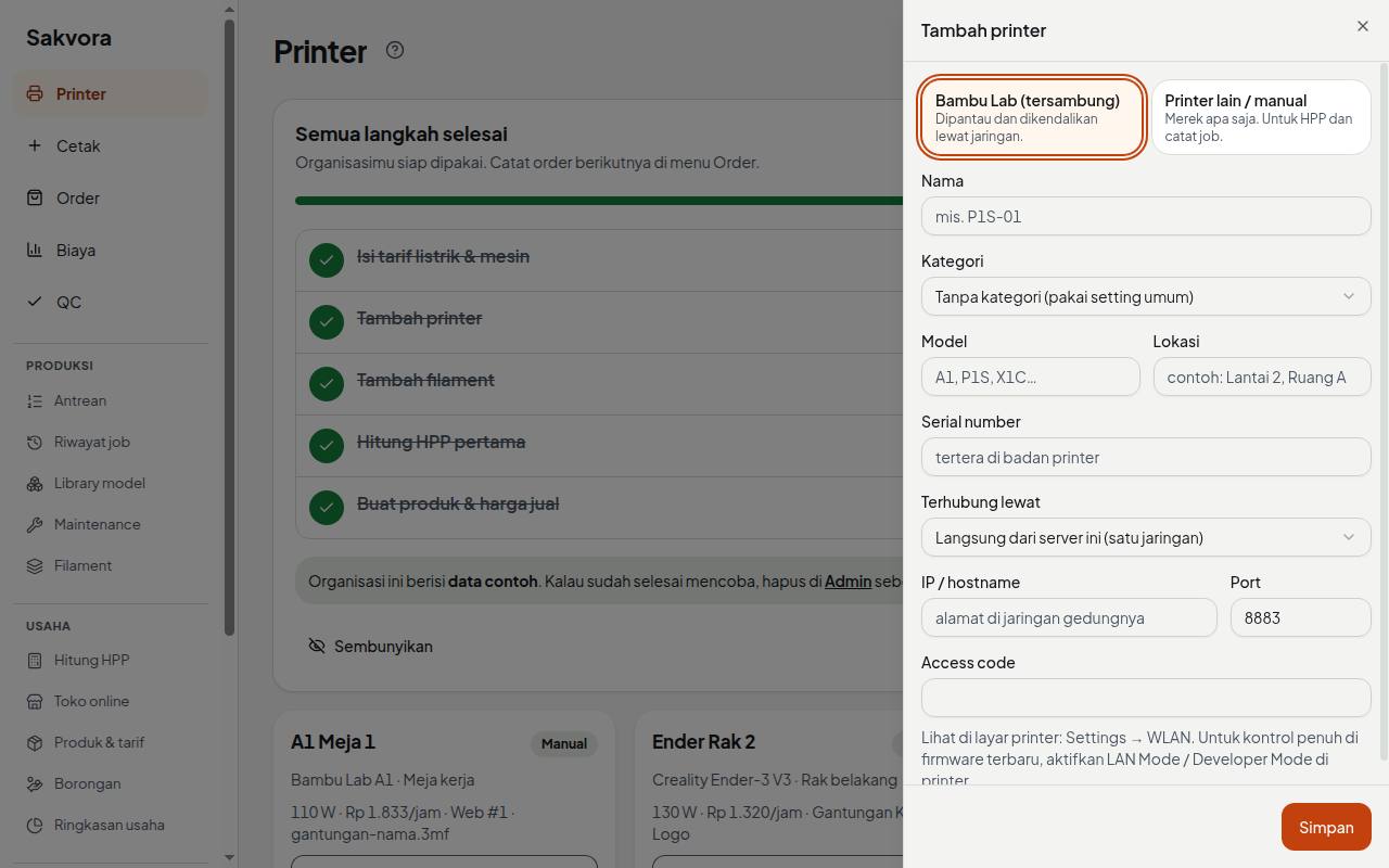 Connected Bambu printer on the Printers page