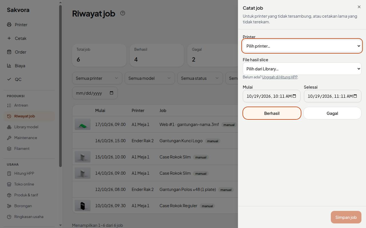 Log a job form for a manual printer
