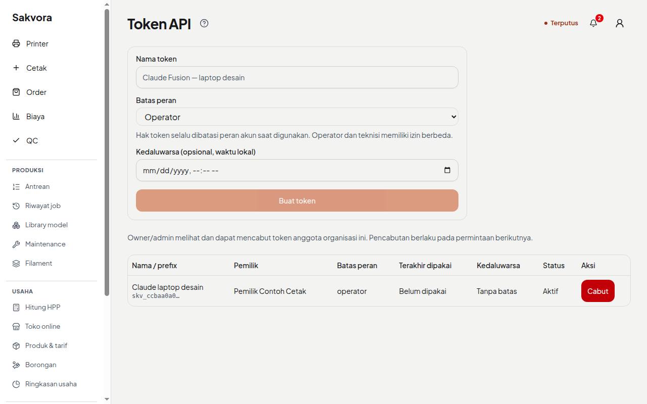API tokens page with setup commands